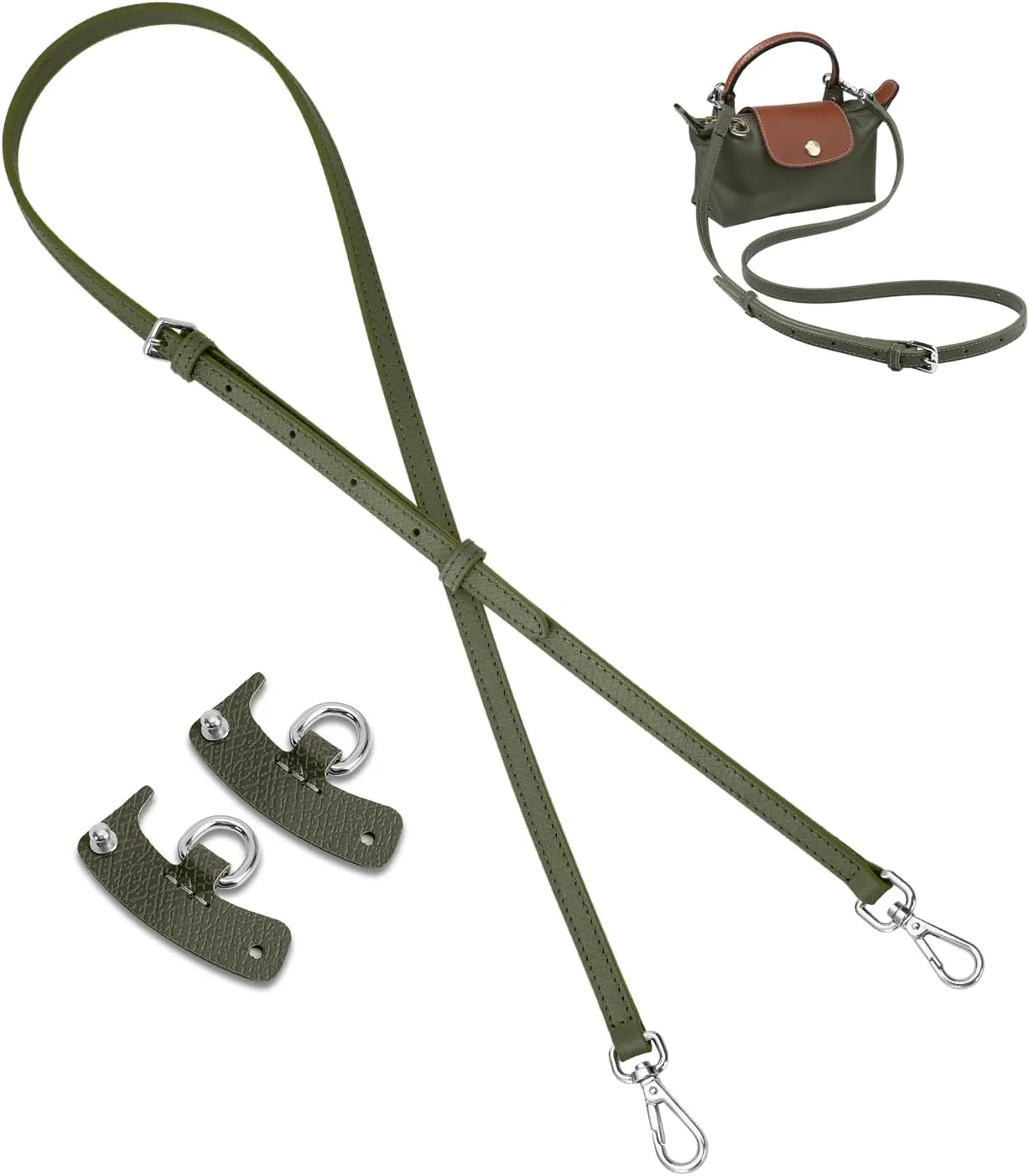 Leather Purse Straps for Le Pliage Mini Pouch,Shoulder Straps Adjustable Handbag Crossbody Modification, Replacement Bag Straps Bag Transformation Set fit Longchamp Bag Mini Bag（Green）