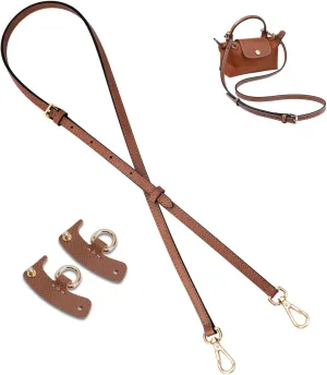 Leather Purse Straps for Longchamp Bag,Shoulder Straps Adjustable for Mini Bag Handbag Crossbody Modification, Replacement Bag Straps Bag Transformation Set fit Le Pliage Mini(Brown Gold)
