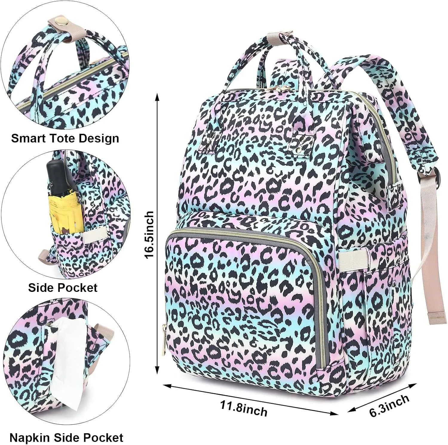 Leopard Baby Diaper Bag Backpack for Women, Large Capacity Waterproof Maternity Travel Nappy Backpacks with Stroller Straps