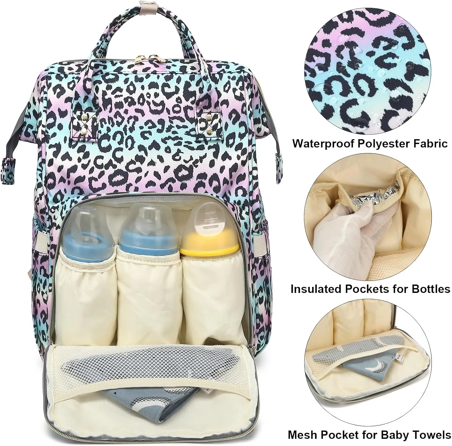 Leopard Baby Diaper Bag Backpack for Women, Large Capacity Waterproof Maternity Travel Nappy Backpacks with Stroller Straps