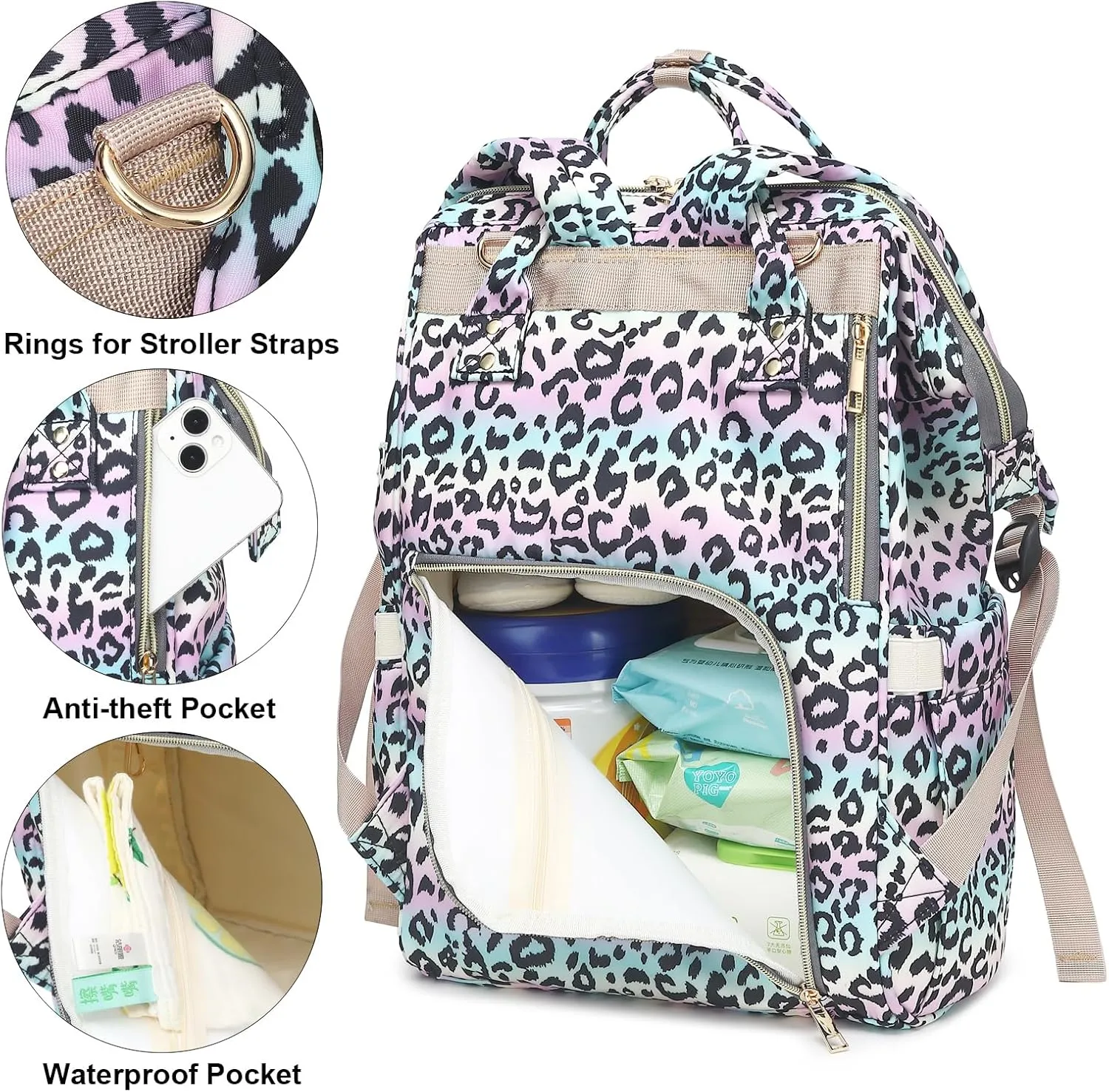 Leopard Baby Diaper Bag Backpack for Women, Large Capacity Waterproof Maternity Travel Nappy Backpacks with Stroller Straps
