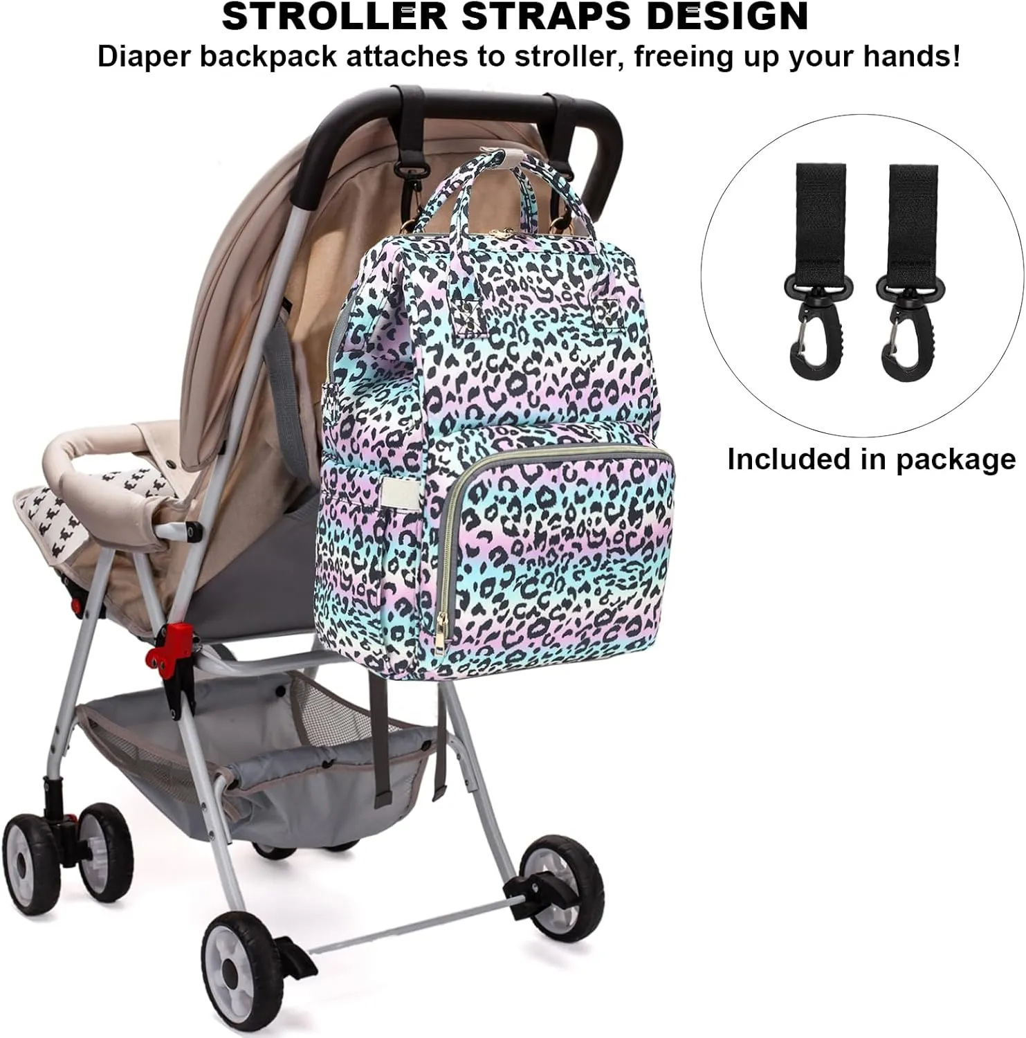 Leopard Baby Diaper Bag Backpack for Women, Large Capacity Waterproof Maternity Travel Nappy Backpacks with Stroller Straps