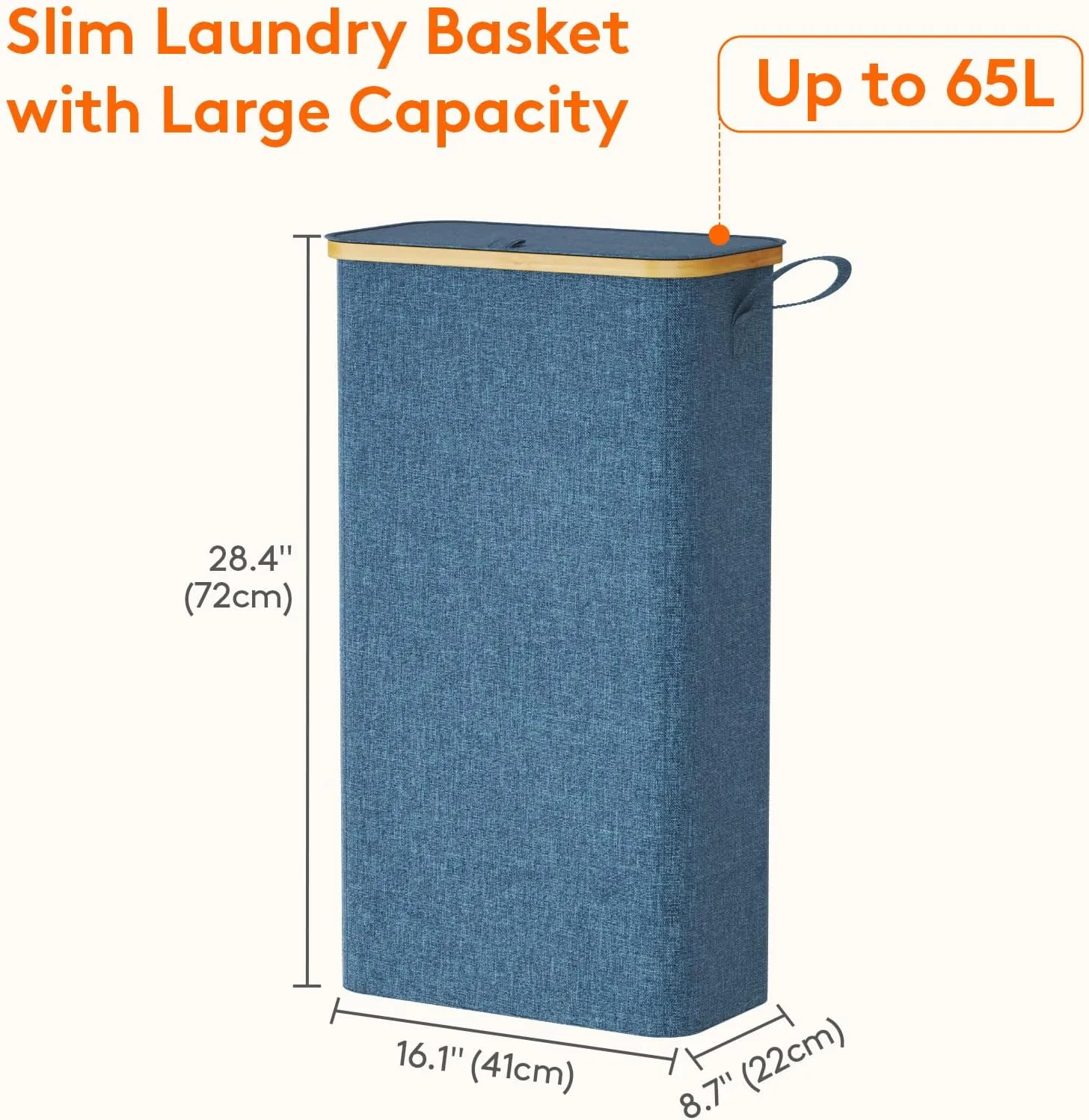 Lifewit 65L Slim Laundry Hamper with Lid, Narrow Laundry Basket with Removable Bag & Bamboo Handles, Fodable Thin Dirty Clothes Hamper for Laundry Collapsible Bin for Bathroom Bedroom Dorm, Dark Blue