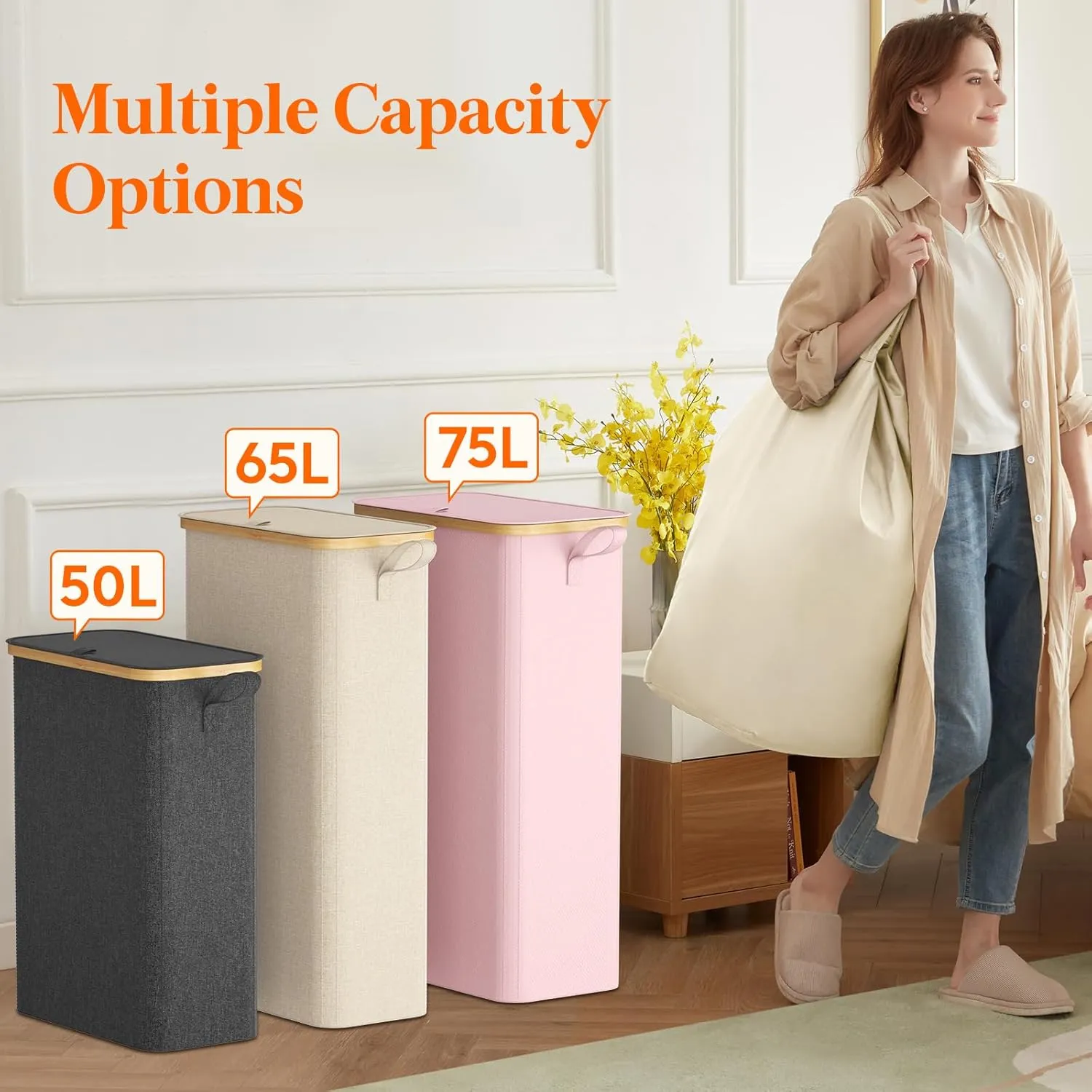 Lifewit 75L Slim Laundry Hamper with Lid, Narrow Laundry Basket with Removable Bag & Bamboo Handles, Fodable Thin Dirty Clothes Hamper for Laundry Collapsible Bin for Bathroom Bedroom Dorm, Beige