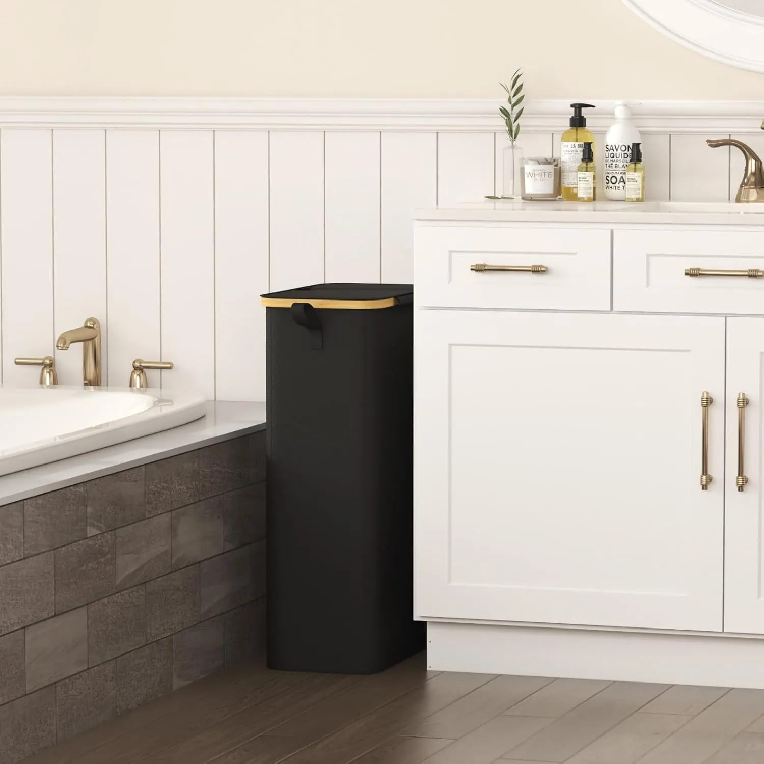 Lifewit 75L Slim Laundry Hamper with Lid, Narrow Laundry Basket with Removable Bag & Bamboo Handles, Fodable Thin Dirty Clothes Hamper for Laundry Collapsible Bin for Bathroom Bedroom Dorm, Black