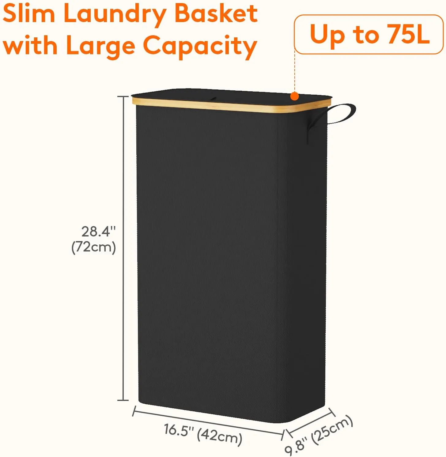 Lifewit 75L Slim Laundry Hamper with Lid, Narrow Laundry Basket with Removable Bag & Bamboo Handles, Fodable Thin Dirty Clothes Hamper for Laundry Collapsible Bin for Bathroom Bedroom Dorm, Black