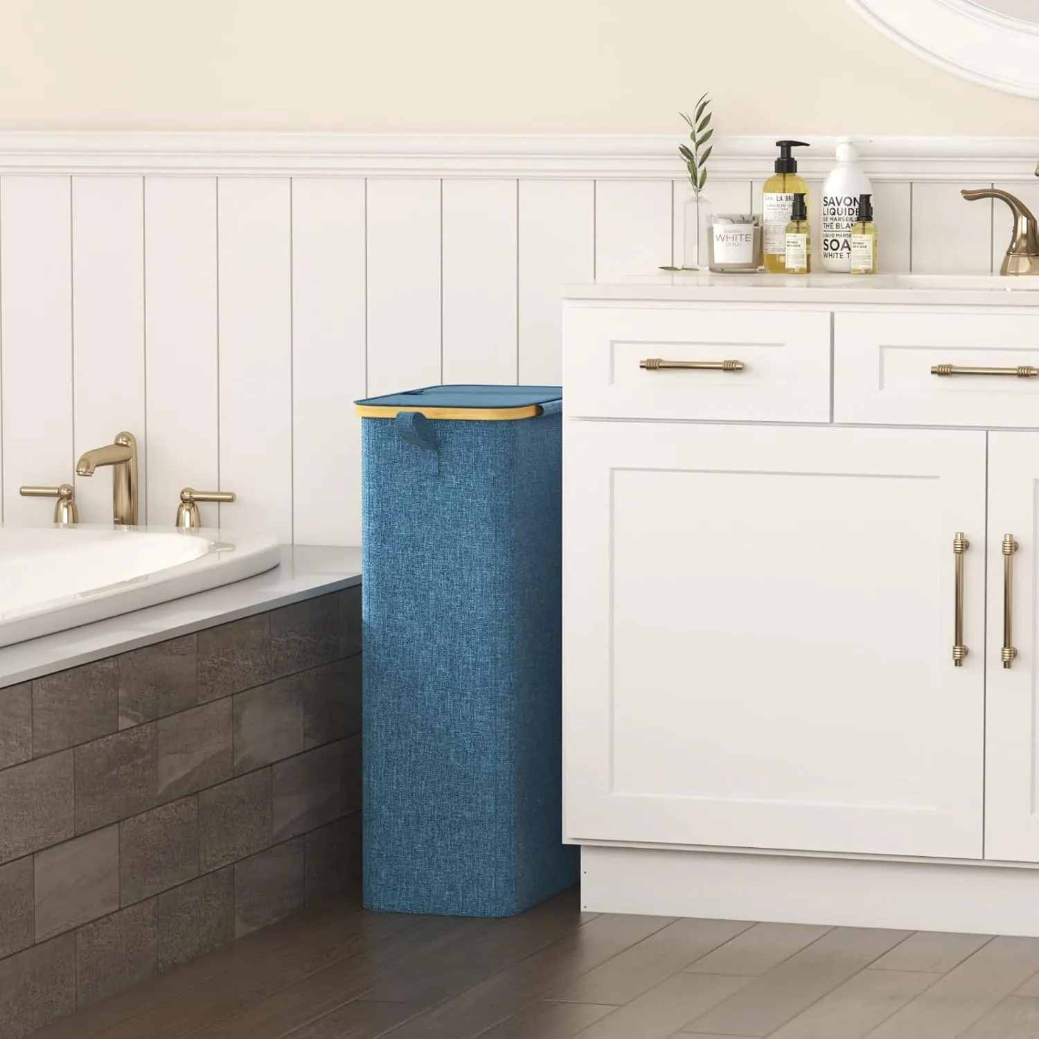 Lifewit 75L Slim Laundry Hamper with Lid, Narrow Laundry Basket with Removable Bag & Bamboo Handles, Fodable Thin Dirty Clothes Hamper for Laundry Collapsible Bin for Bathroom Bedroom Dorm, Dark Blue