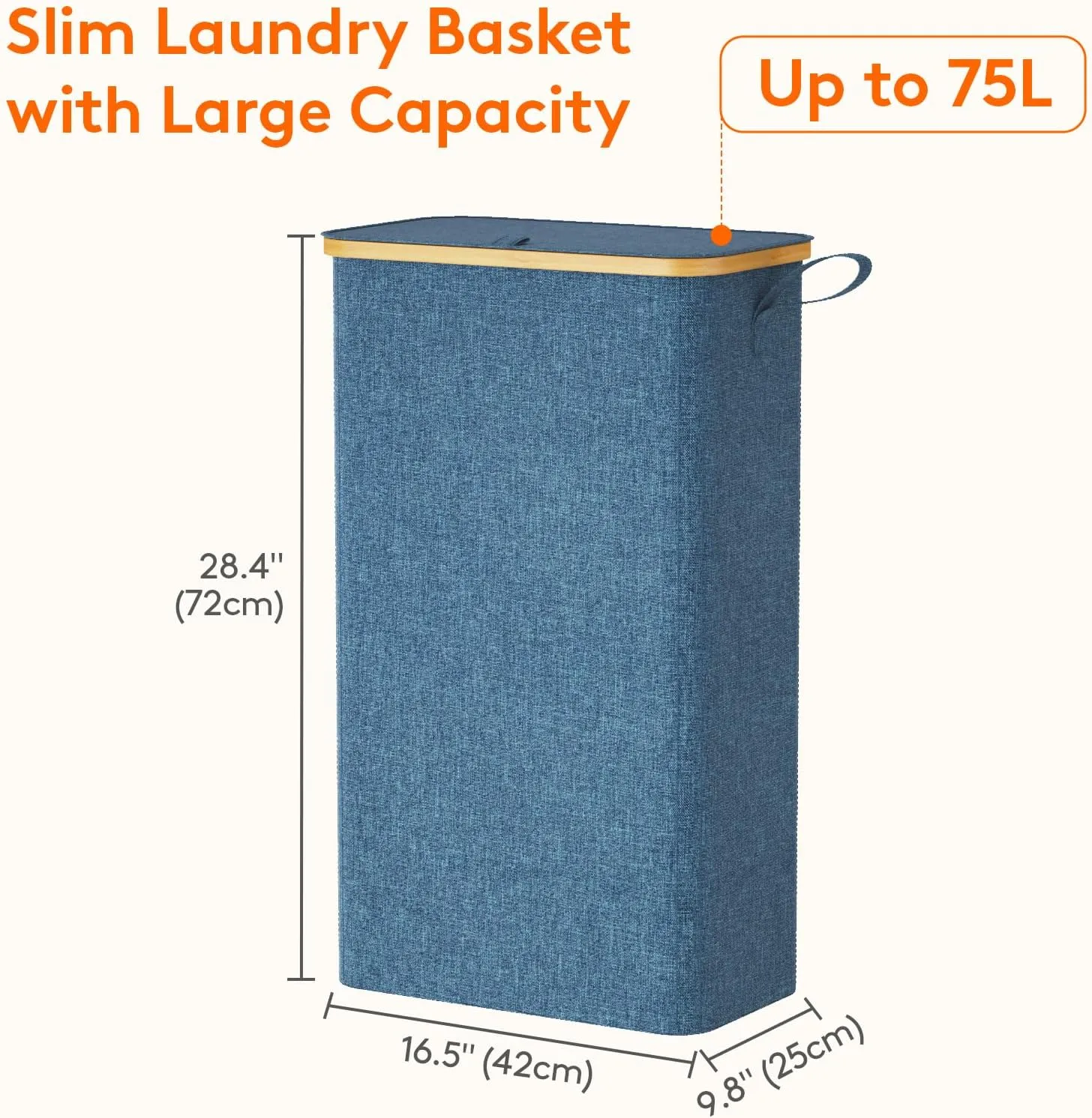 Lifewit 75L Slim Laundry Hamper with Lid, Narrow Laundry Basket with Removable Bag & Bamboo Handles, Fodable Thin Dirty Clothes Hamper for Laundry Collapsible Bin for Bathroom Bedroom Dorm, Dark Blue
