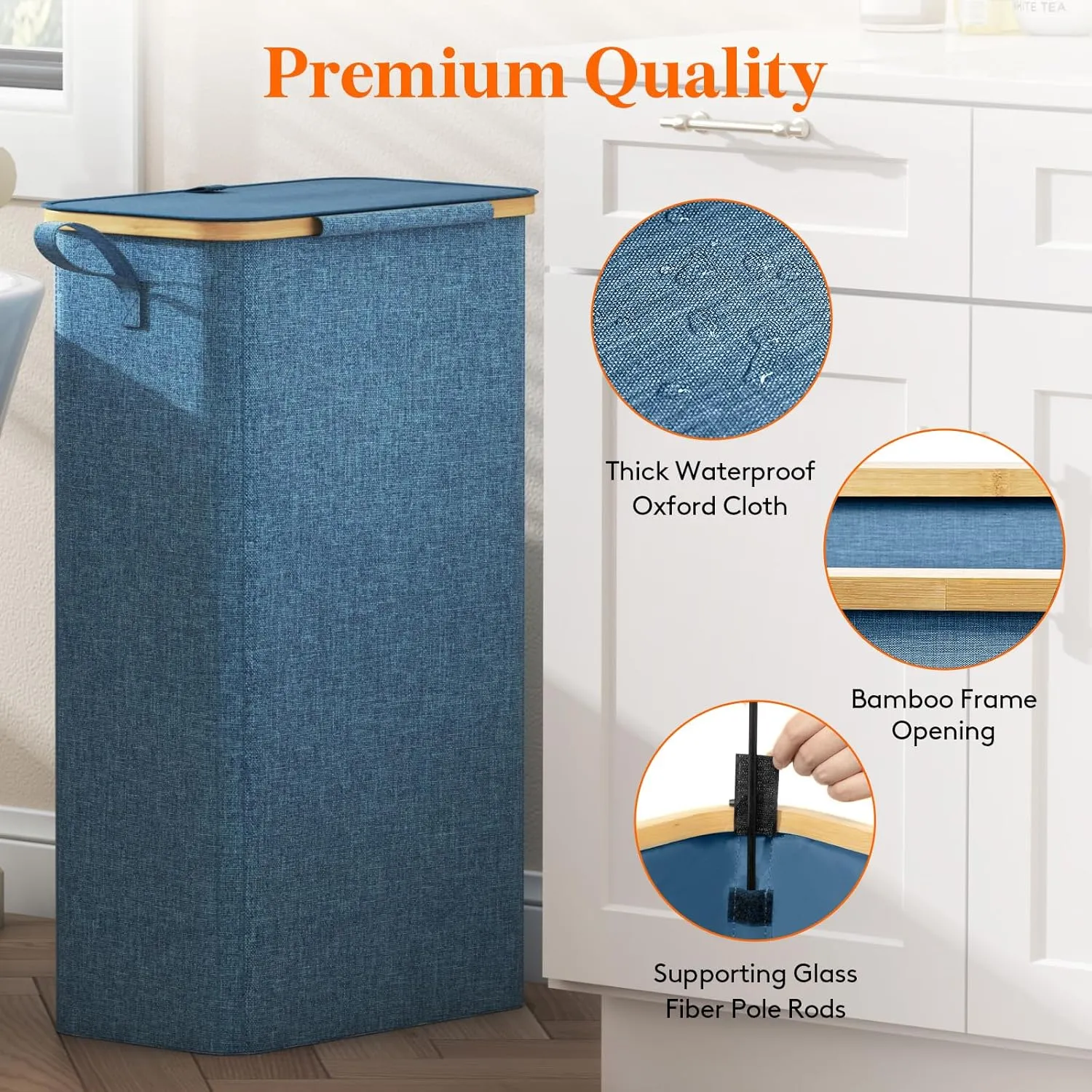 Lifewit 75L Slim Laundry Hamper with Lid, Narrow Laundry Basket with Removable Bag & Bamboo Handles, Fodable Thin Dirty Clothes Hamper for Laundry Collapsible Bin for Bathroom Bedroom Dorm, Dark Blue