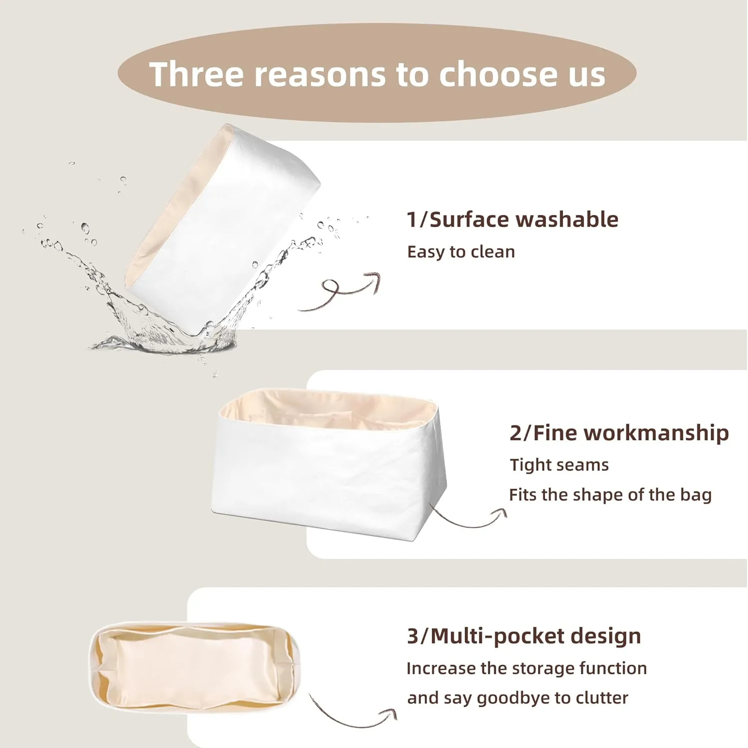 Lightweight Purse Insert Fit for LV Carryall, Waterproof Dupontpaper Surface and Silky Satin Lining (MM, Craie)