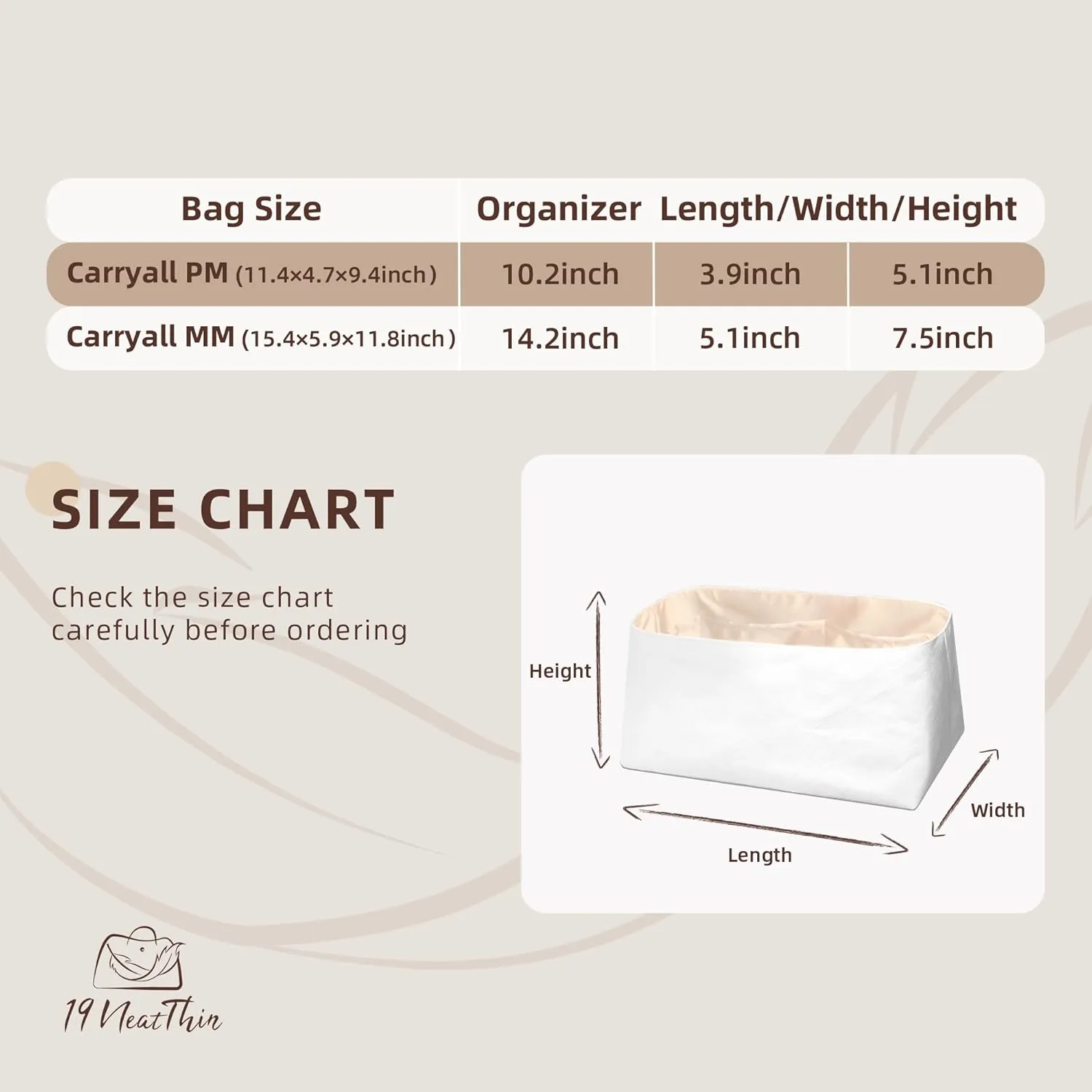 Lightweight Purse Insert Fit for LV Carryall, Waterproof Dupontpaper Surface and Silky Satin Lining (MM, Craie)