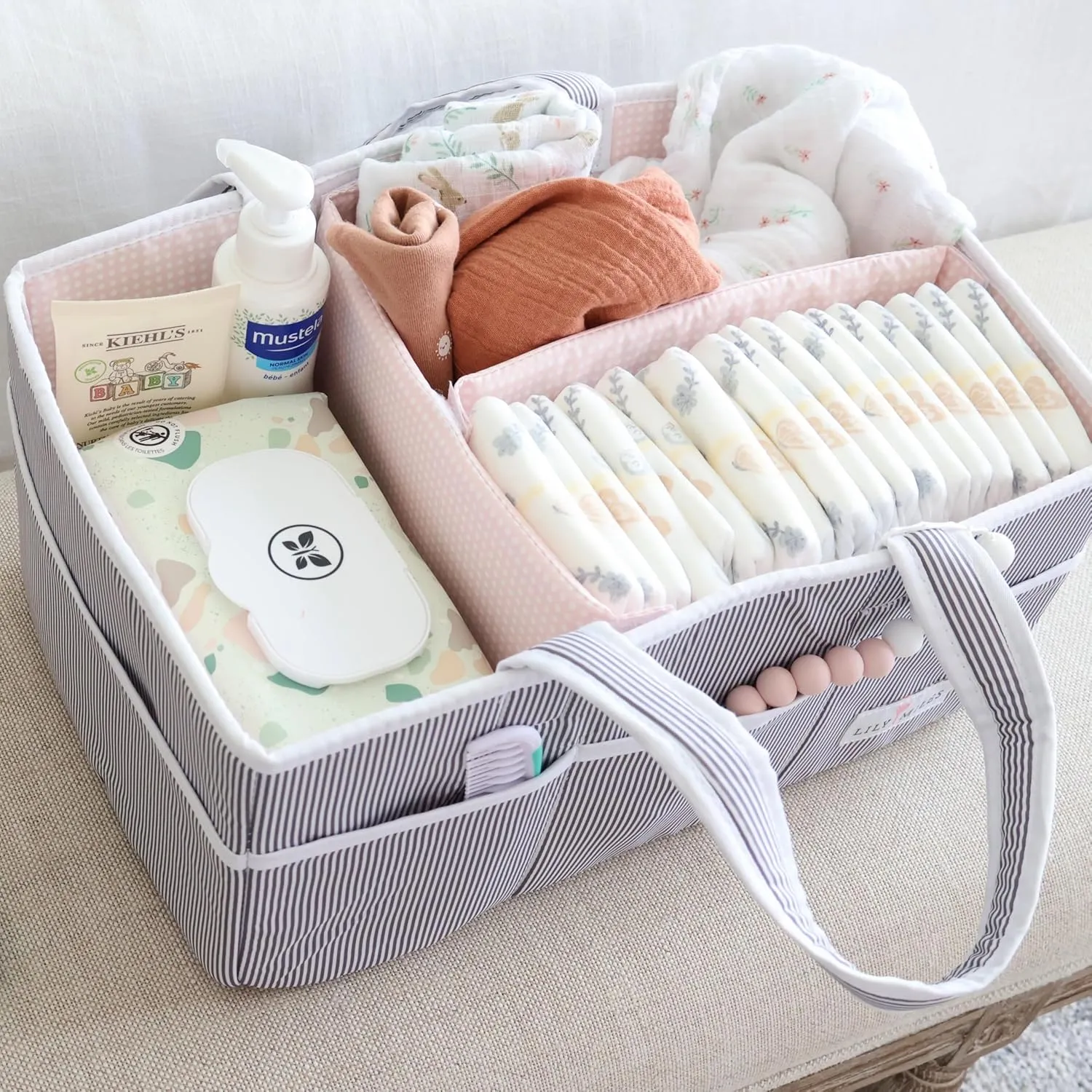 Lily Miles Baby Diaper Caddy Organizer, Girl Nursery Storage Basket with 8 Pockets, Baby Organizer and Storage, Easy-to-Clean Fabric, Large, Pink Blush