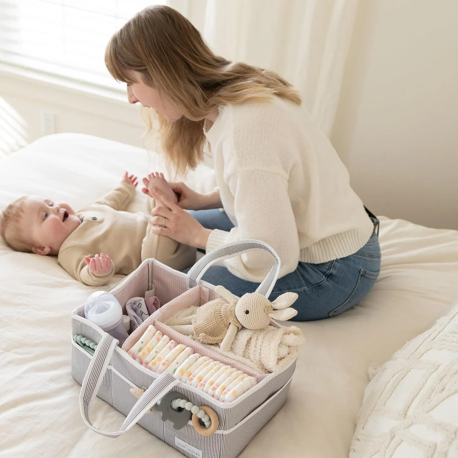 Lily Miles Baby Diaper Caddy Organizer, Girl Nursery Storage Basket with 8 Pockets, Baby Organizer and Storage, Easy-to-Clean Fabric, Large, Pink Blush