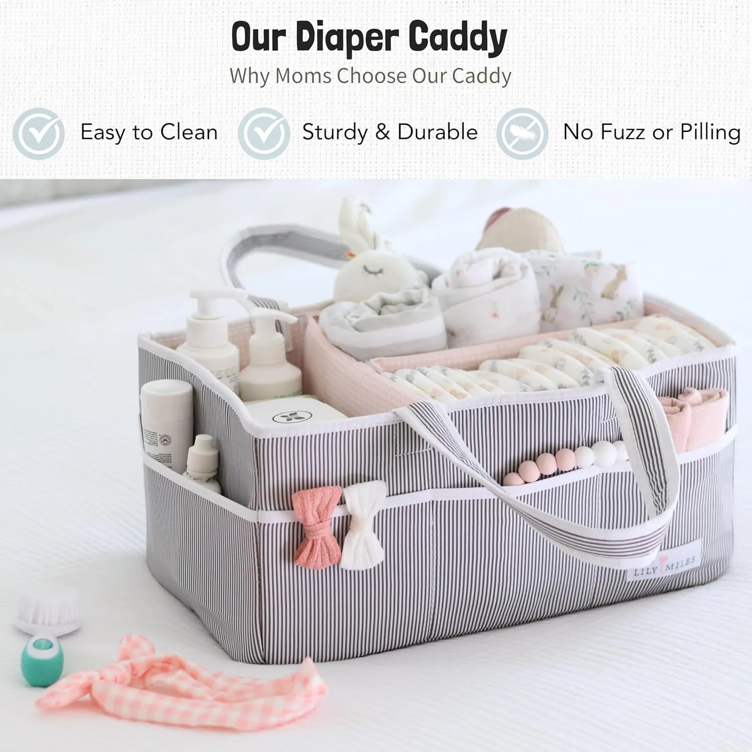 Lily Miles Baby Diaper Caddy Organizer, Girl Nursery Storage Basket with 8 Pockets, Baby Organizer and Storage, Easy-to-Clean Fabric, Large, Pink Blush