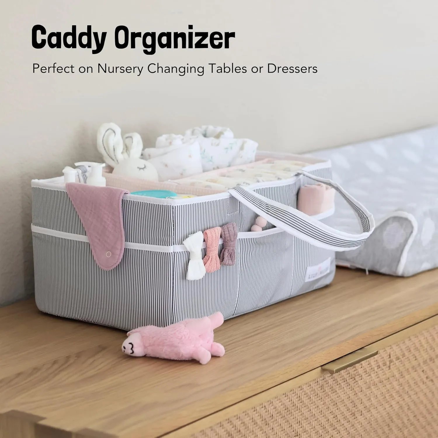 Lily Miles Baby Diaper Caddy Organizer, Girl Nursery Storage Basket with 8 Pockets, Baby Organizer and Storage, Easy-to-Clean Fabric, Large, Pink Blush
