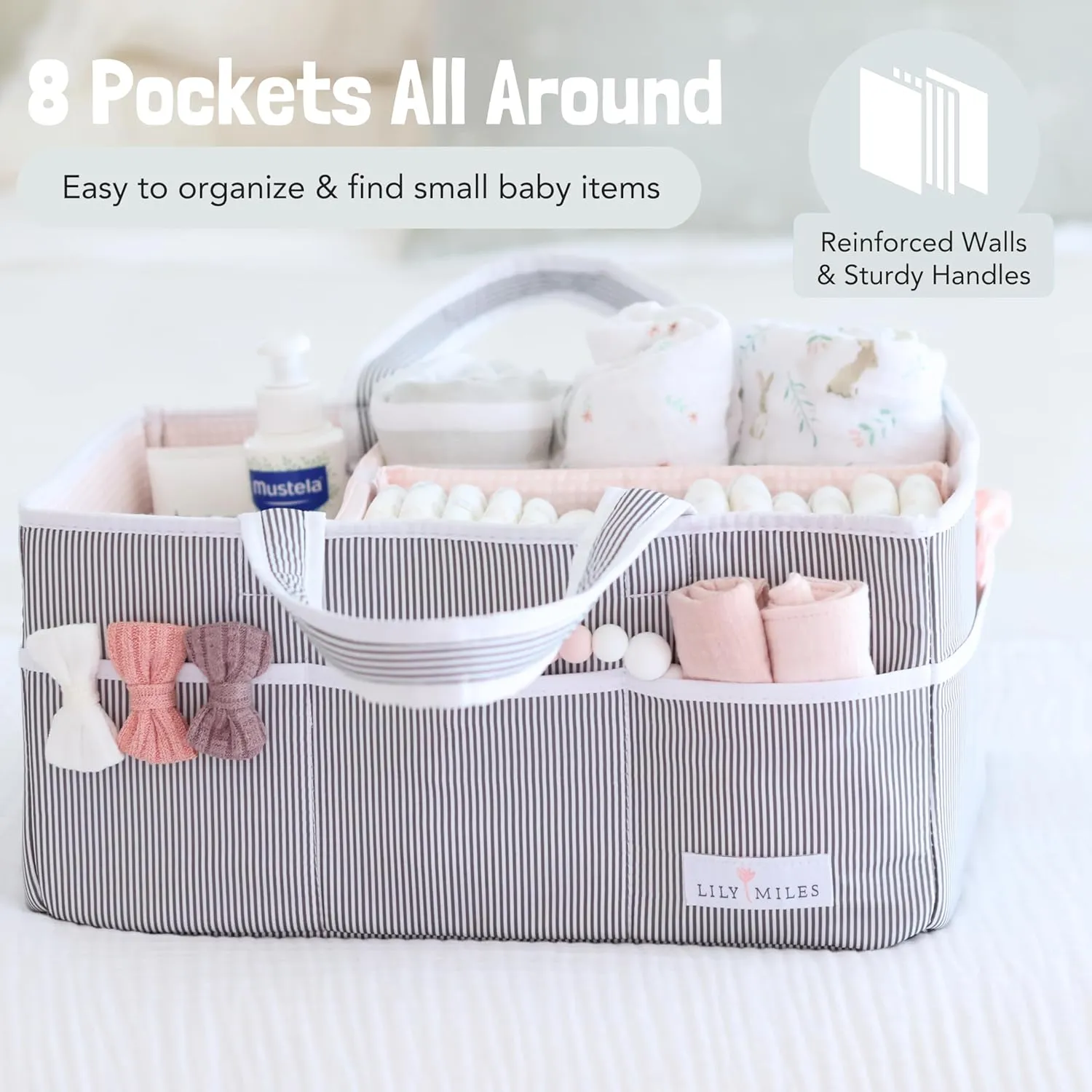 Lily Miles Baby Diaper Caddy Organizer, Girl Nursery Storage Basket with 8 Pockets, Baby Organizer and Storage, Easy-to-Clean Fabric, Large, Pink Blush