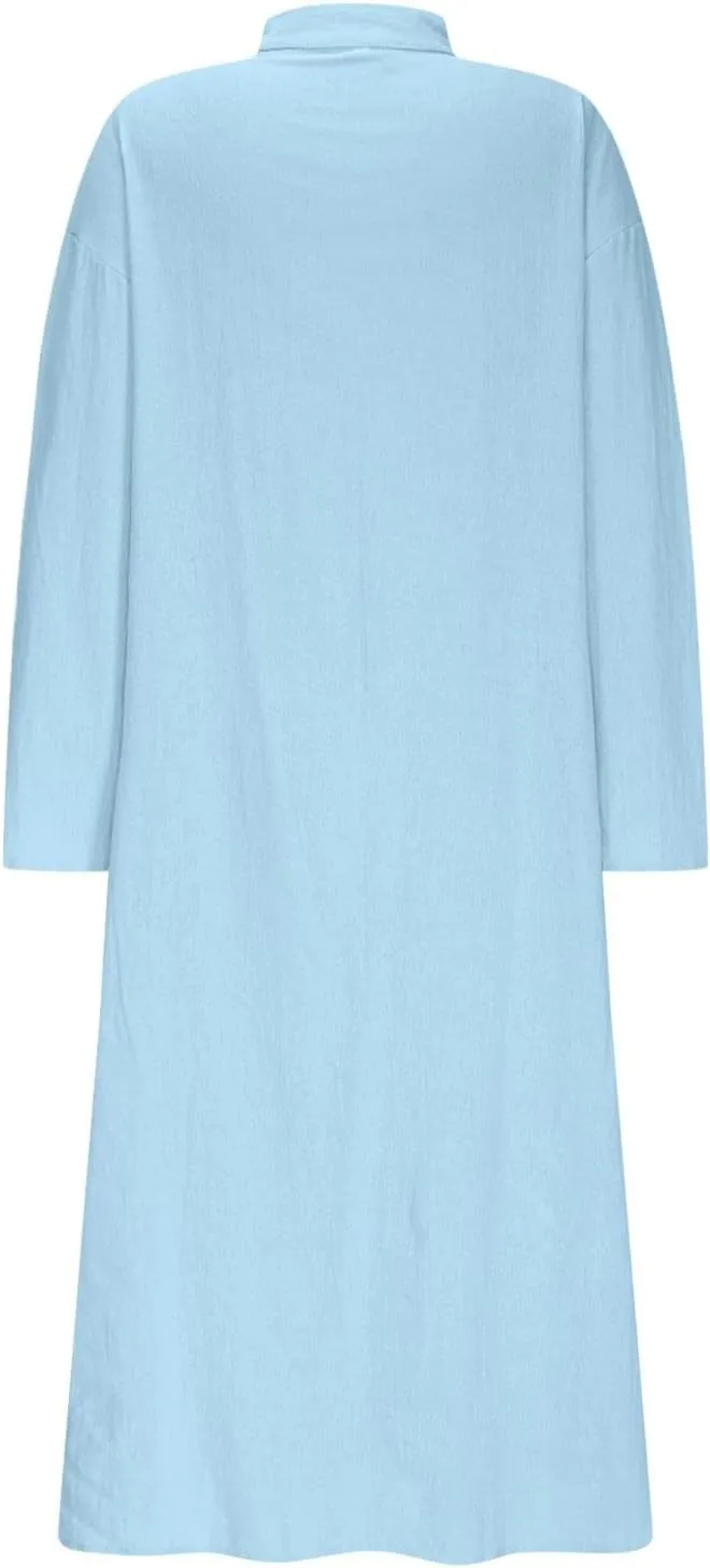 Lmdudan Linen Maxi Dress for Women Summer Lightweight Dress Loose V Neck Long Sleeve Casual Plus Size Dresses with Pockets