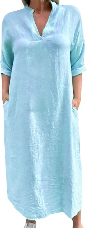 Lmdudan Linen Maxi Dress for Women Summer Lightweight Dress Loose V Neck Long Sleeve Casual Plus Size Dresses with Pockets