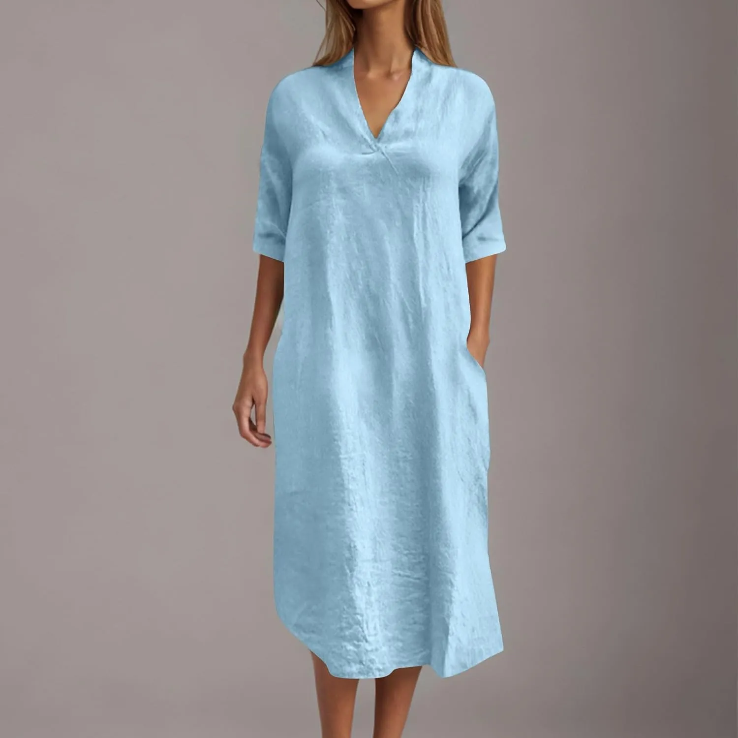 Lmdudan Linen Maxi Dress for Women Summer Lightweight Dress Loose V Neck Long Sleeve Casual Plus Size Dresses with Pockets
