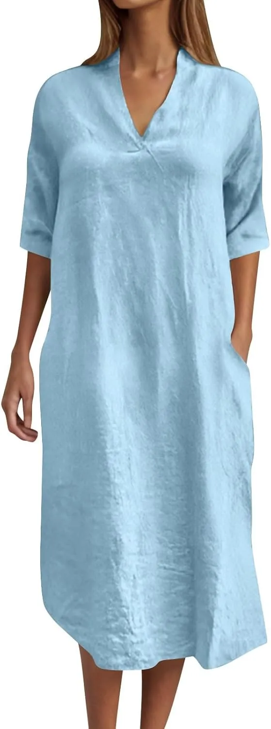Lmdudan Linen Maxi Dress for Women Summer Lightweight Dress Loose V Neck Long Sleeve Casual Plus Size Dresses with Pockets