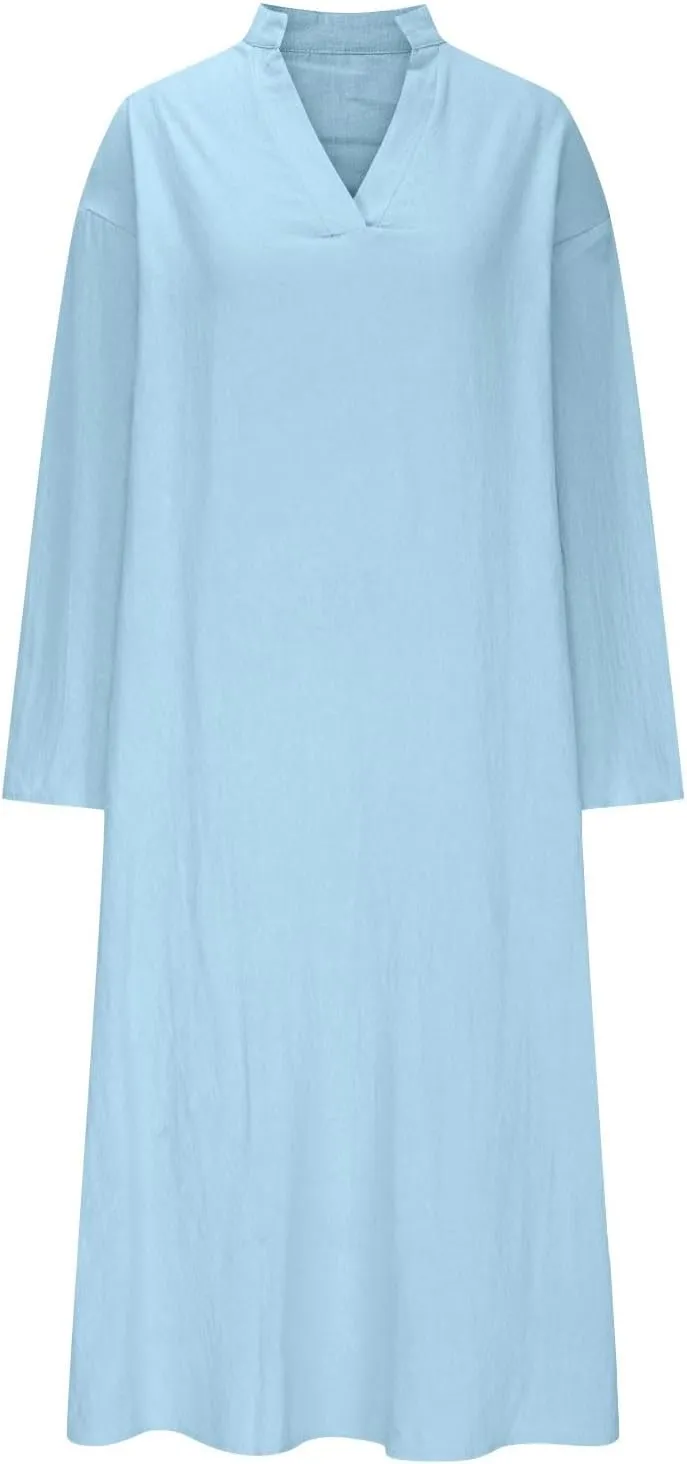 Lmdudan Linen Maxi Dress for Women Summer Lightweight Dress Loose V Neck Long Sleeve Casual Plus Size Dresses with Pockets