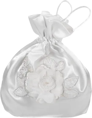 LOGOFUN Wedding Bags Satin Bridal Wedding Money Bag White Handbag with Bows Ribbon Bridal Showers Pouch Bag for Women Girls Party Supplies