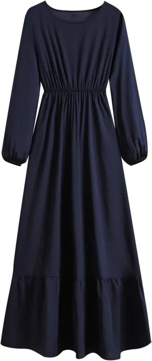 Long Dresses for Women Fall Fashion Long Sleeve Elastic Waist Tiered Ruffle Maxi Dress Causal Crewneck Party Dresses