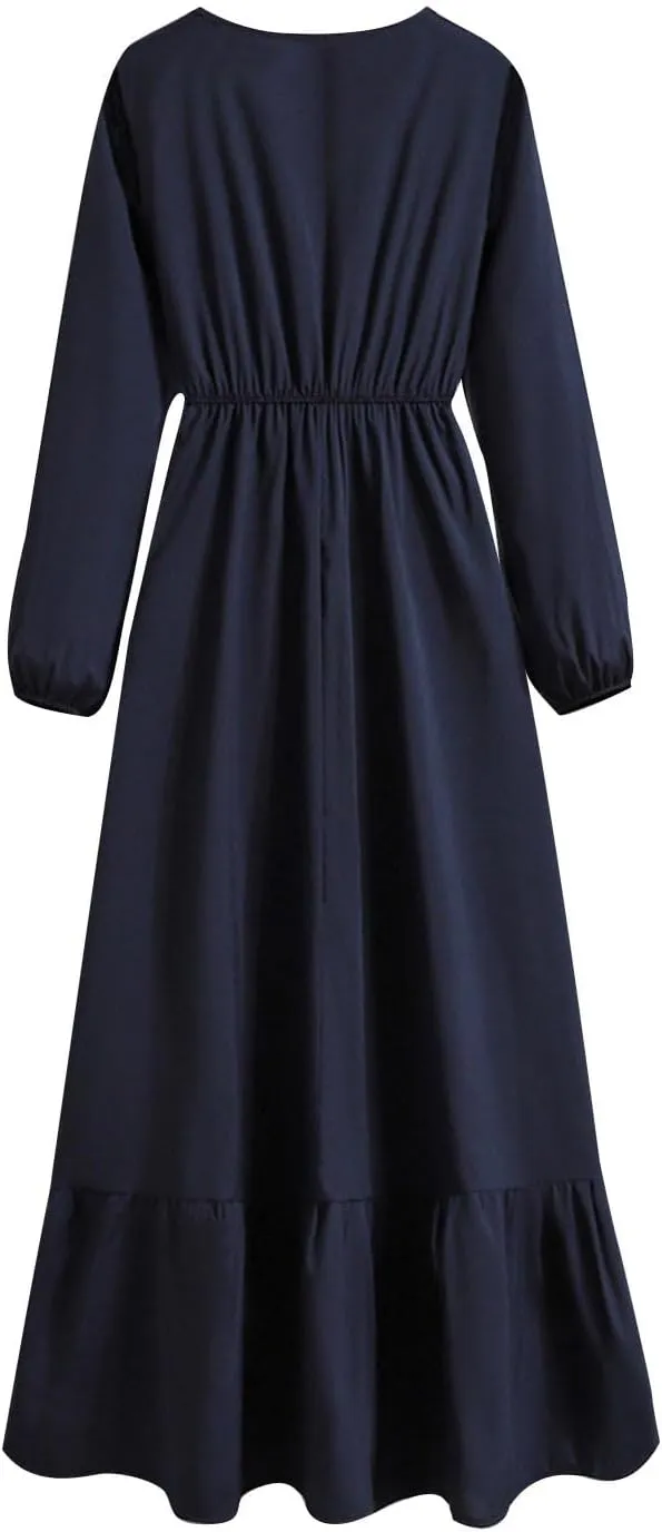 Long Dresses for Women Fall Fashion Long Sleeve Elastic Waist Tiered Ruffle Maxi Dress Causal Crewneck Party Dresses