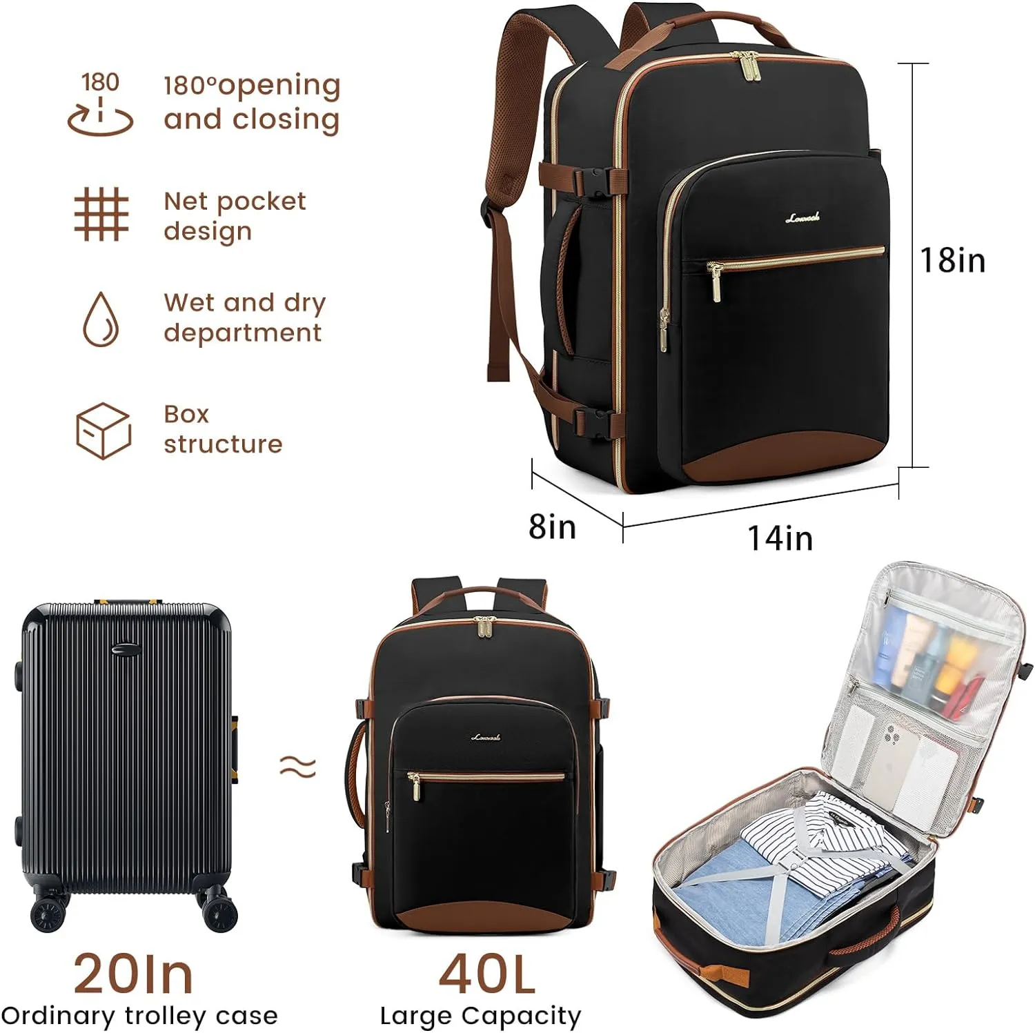 LOVEVOOK 40L Large Travel Backpack for Women Men, 17 Inch Carry on Backpack for Traveling on Airplane, Personal Item Bag Airline Approved, Business Causal Weekender Backpack, Black-Brown