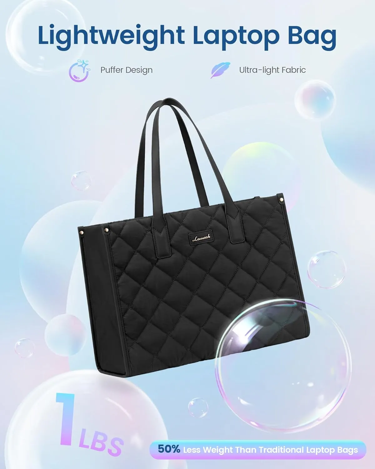 LOVEVOOK Laptop Bag for Women, Lightweight Puffer Tote Bag fits 17.3 inch Computer, Large Quilted Puffy Work Purse, Professional Business Office Briefcase Handbag, Black