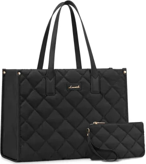 LOVEVOOK Laptop Bag for Women, Lightweight Puffer Tote Bag fits 17.3 inch Computer, Large Quilted Puffy Work Purse, Professional Business Office Briefcase Handbag, Black
