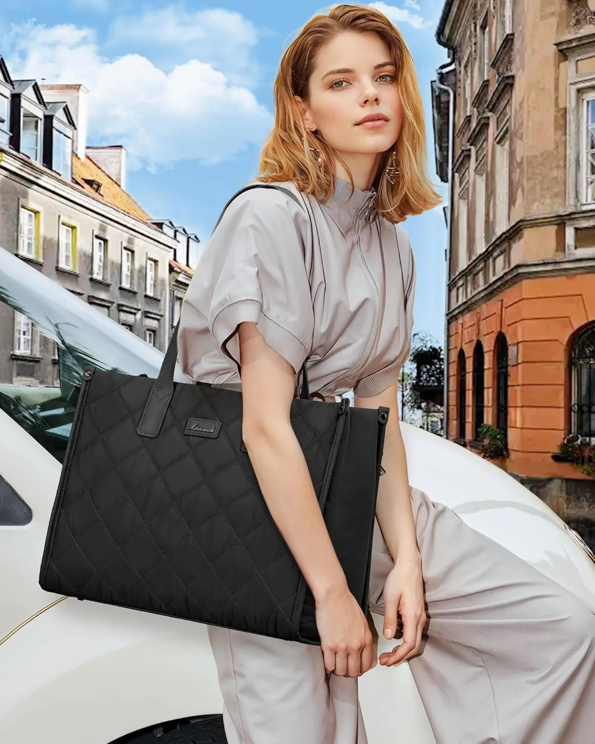 LOVEVOOK Laptop Bag for Women, Lightweight Puffer Tote Bag fits 17.3 inch Computer, Large Quilted Puffy Work Purse, Professional Business Office Briefcase Handbag, Black