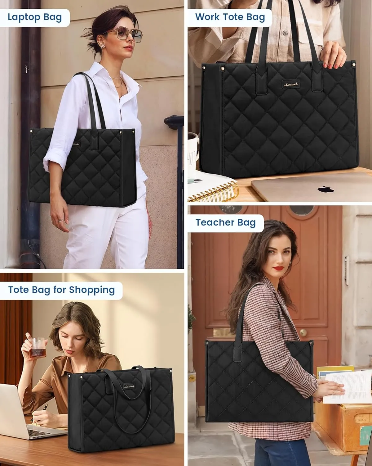 LOVEVOOK Laptop Bag for Women, Lightweight Puffer Tote Bag fits 17.3 inch Computer, Large Quilted Puffy Work Purse, Professional Business Office Briefcase Handbag, Black