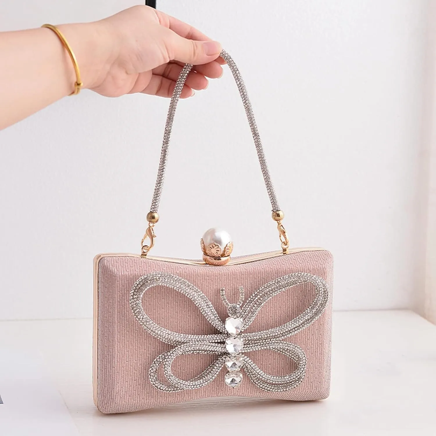 LUOZZY Butterfly Clutch Rhinestone Purse Sparkly Evening Bag with Pearl Clasp Clutch Purse for Women Formal Event Prom Party