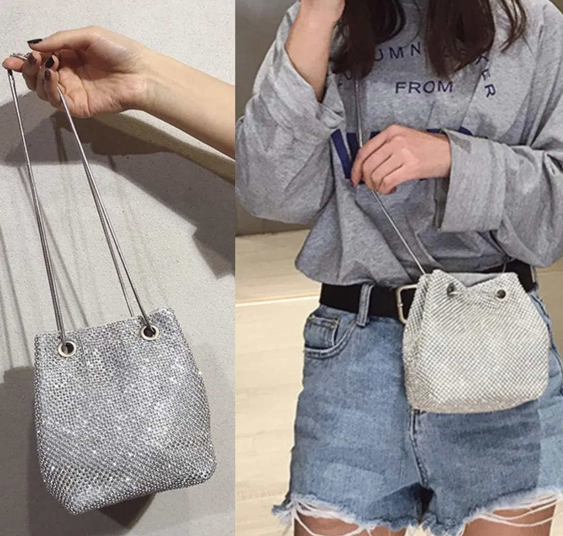 Luxury Full Rhinestone Bucket Bag, Bling Evening Bag Purse for Women