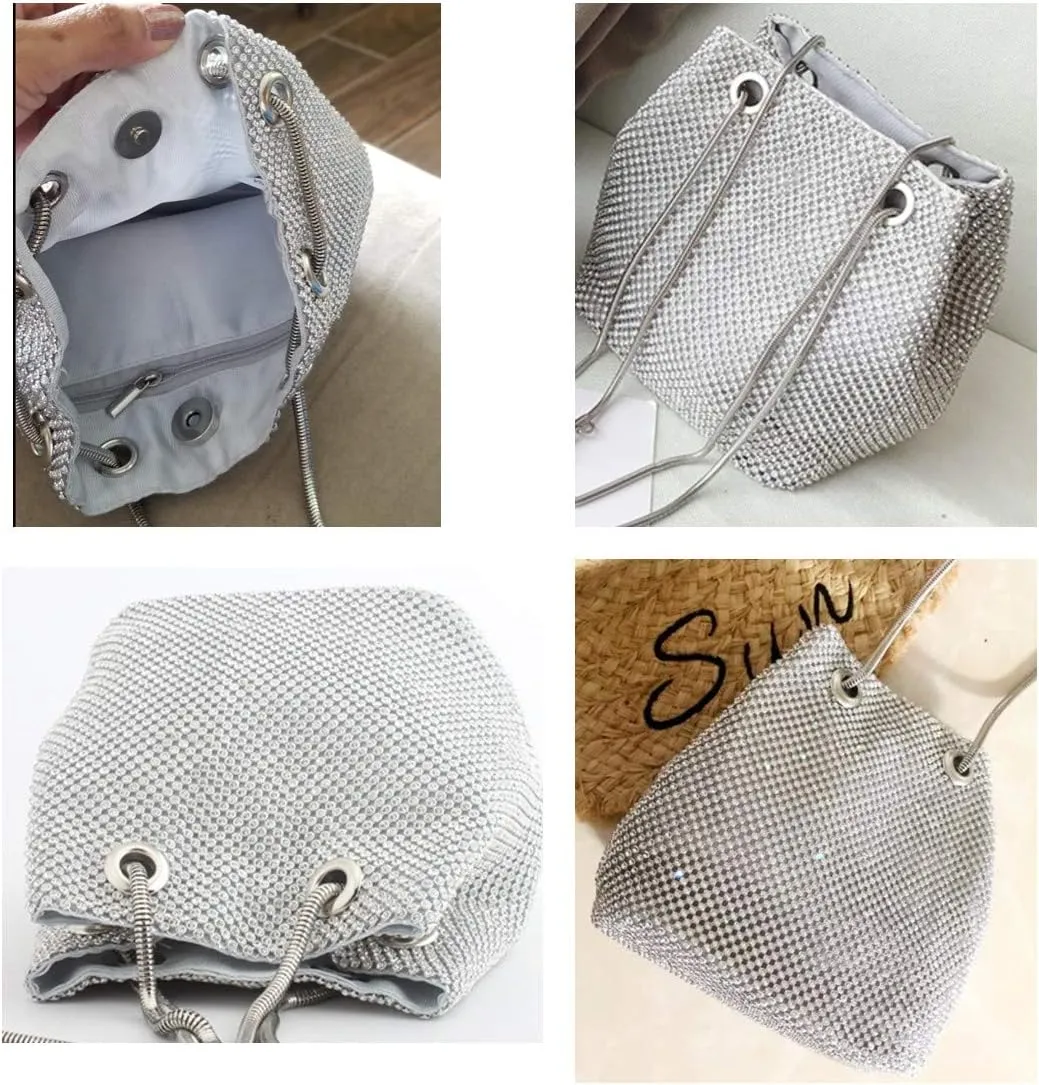 Luxury Full Rhinestone Bucket Bag, Bling Evening Bag Purse for Women