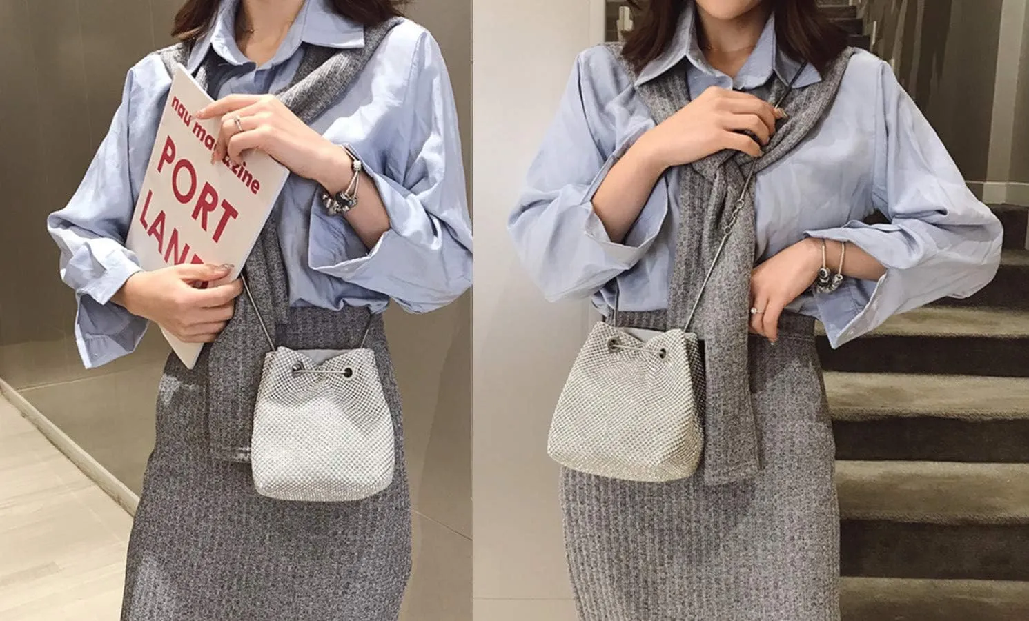 Luxury Full Rhinestone Bucket Bag, Bling Evening Bag Purse for Women