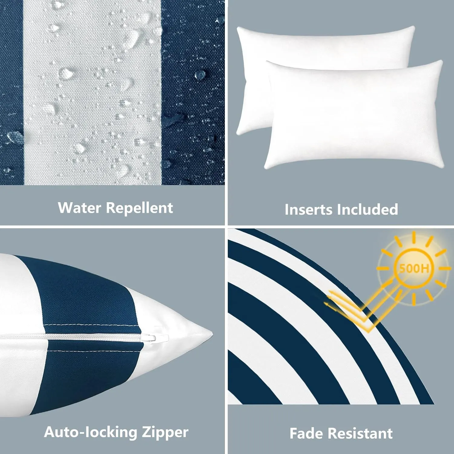 LVTXIII 12×20 Inch Outdoor Lumbar Pillows, Pack of 2 Water Repellent Lumbar Pillow with Inserts, Fluffy Decorative Garden Lumbar Cushions for Home Patio Coach Sofa Use, Cabana Navy