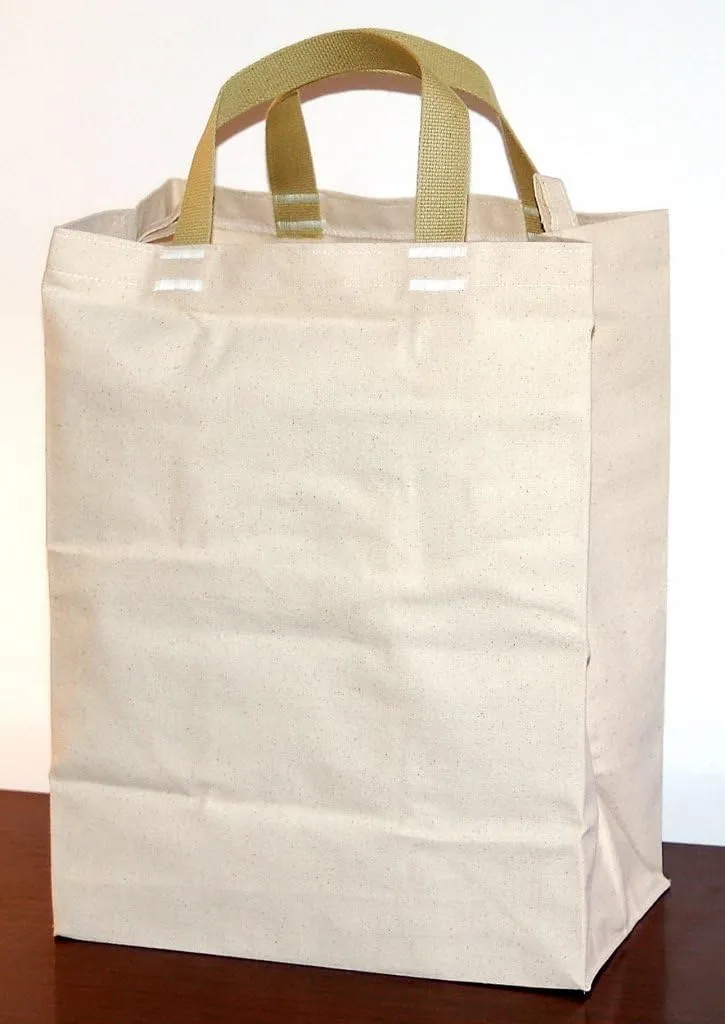 Made in USA Cotton Canvas Reusable Grocery Tote Bags w/Short Tan-Yellow Handles - Regular Size - Two Pack