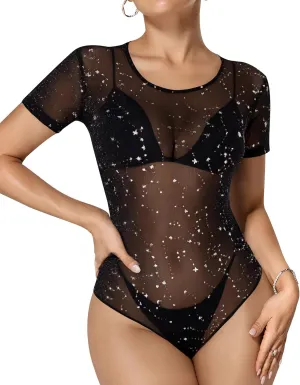 MANGOPOP Women's Mesh Bodysuit Sheer Geo Print Short Sleeve Long Sleeve Body Suit Sexy See Through Shirt Tops