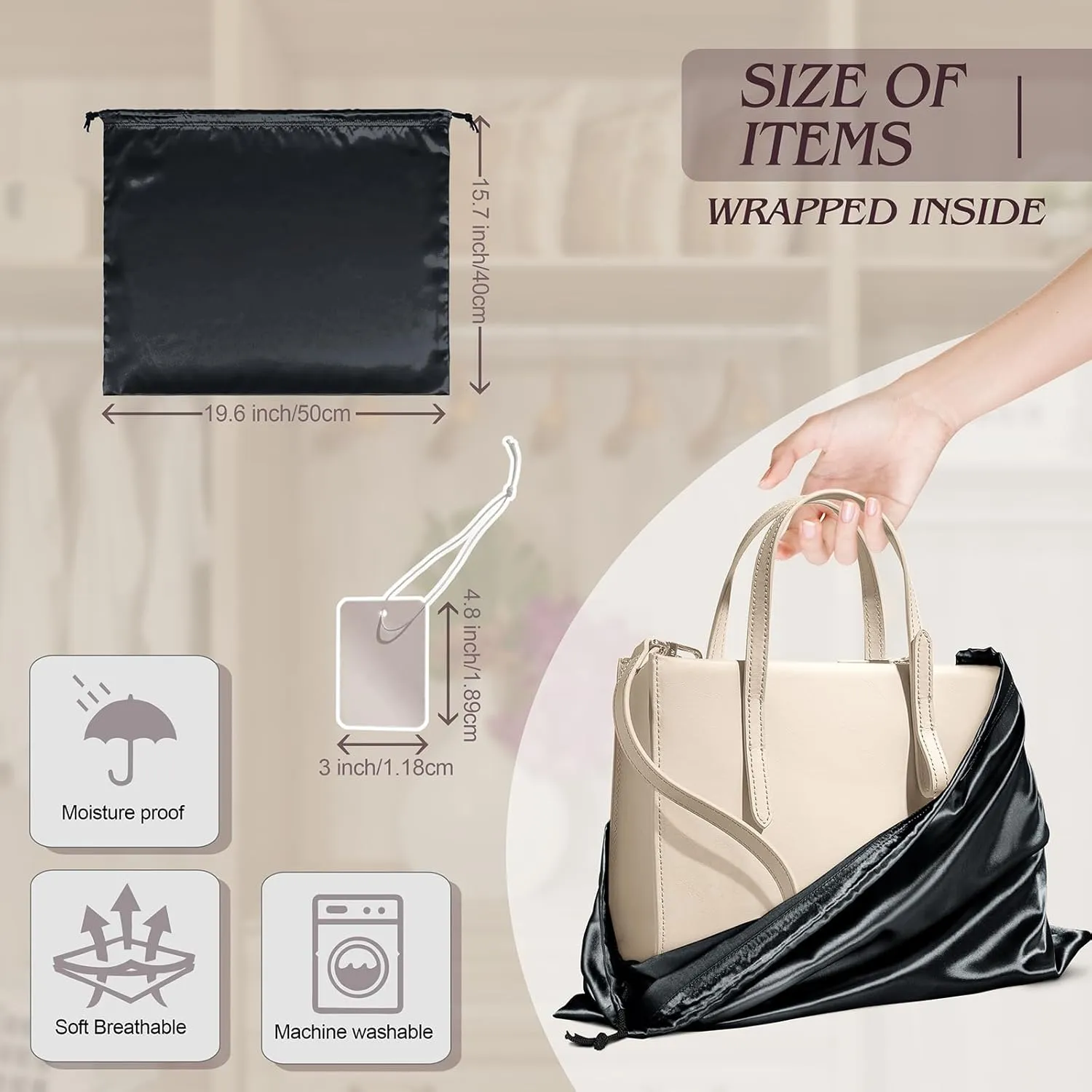 Manyshofu 7 Pack Satin Dust Bags for Handbags & Shoes - Black Drawstring Bags, Silk Dust Cover, Protector Travel Storage Pouch (19.6 x 15.7)