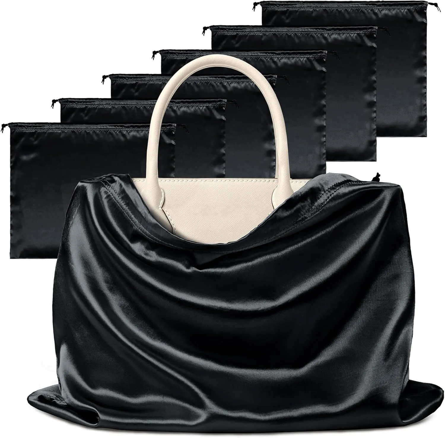 Manyshofu 7 Pack Satin Dust Bags for Handbags & Shoes - Black Drawstring Bags, Silk Dust Cover, Protector Travel Storage Pouch (19.6 x 15.7)