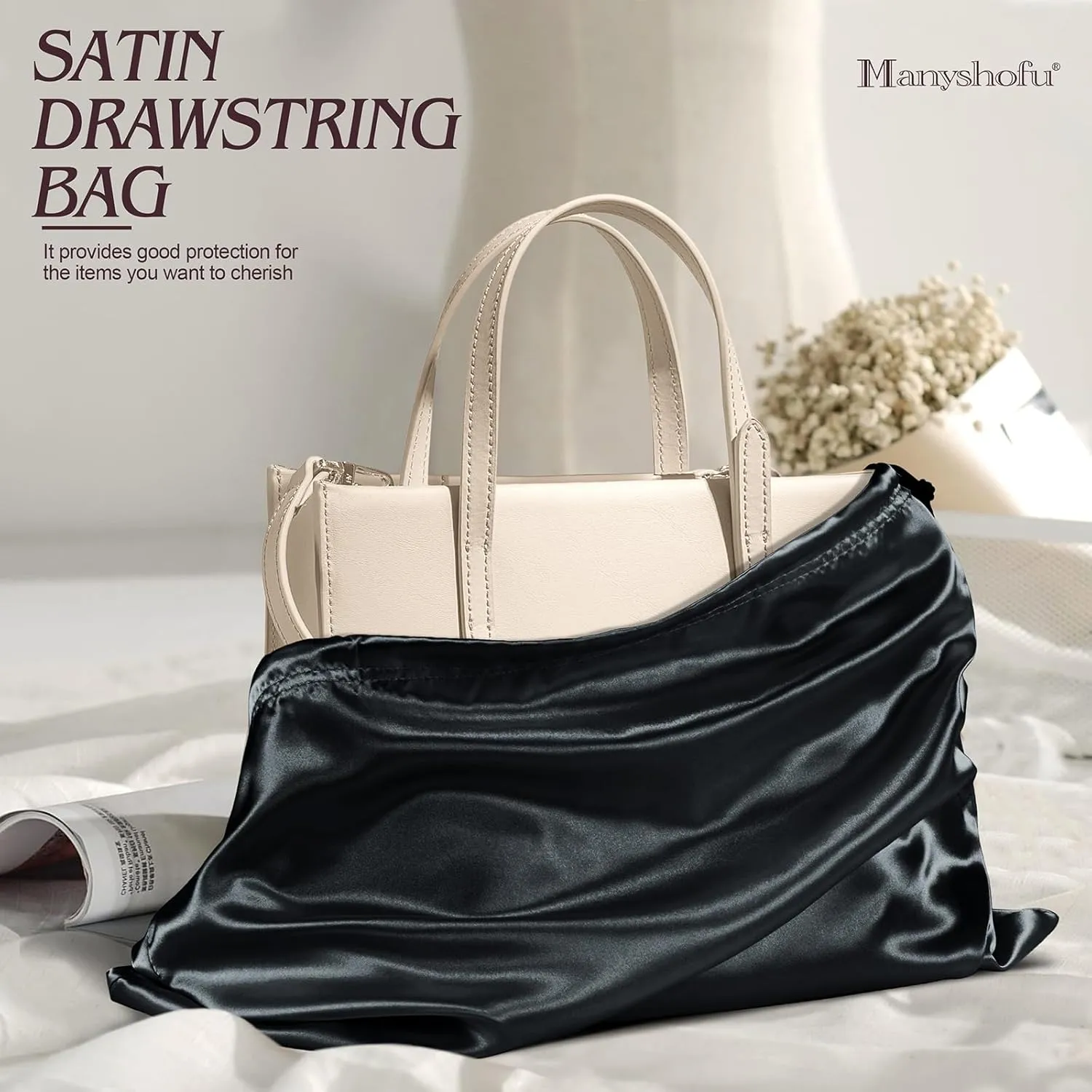 Manyshofu 7 Pack Satin Dust Bags for Handbags & Shoes - Black Drawstring Bags, Silk Dust Cover, Protector Travel Storage Pouch (19.6 x 15.7)