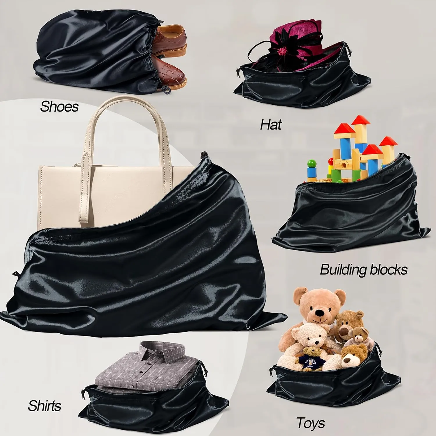 Manyshofu 7 Pack Satin Dust Bags for Handbags & Shoes - Black Drawstring Bags, Silk Dust Cover, Protector Travel Storage Pouch (19.6 x 15.7)