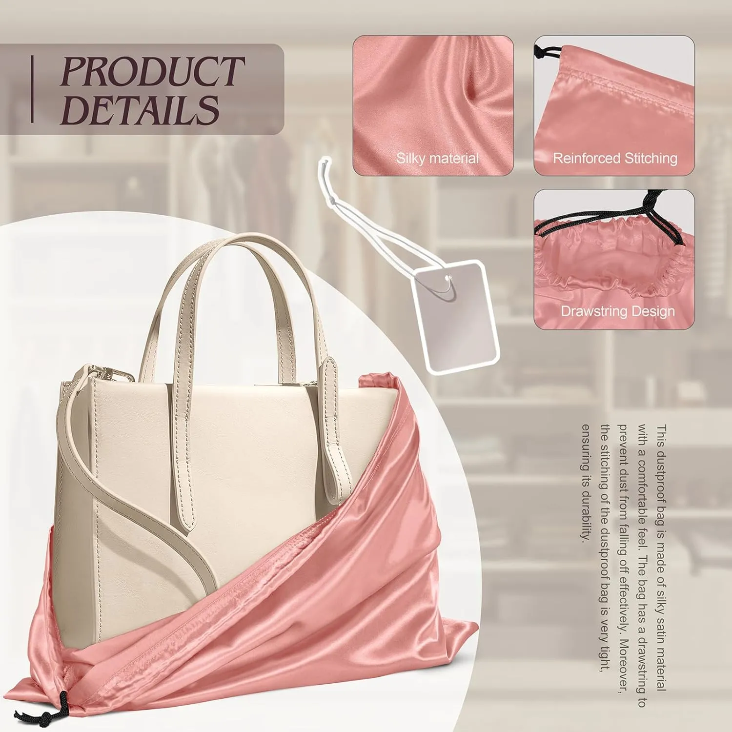 Manyshofu 7 Pack Satin Dust Bags for Handbags Storage, Silky Shoe Bag Rose Gold Drawstring Bags for Shoes & Purses - Silk Dust Cover Bag Dustproof Bags Protector Travel Storage Pouch(19.6 x 15.7)