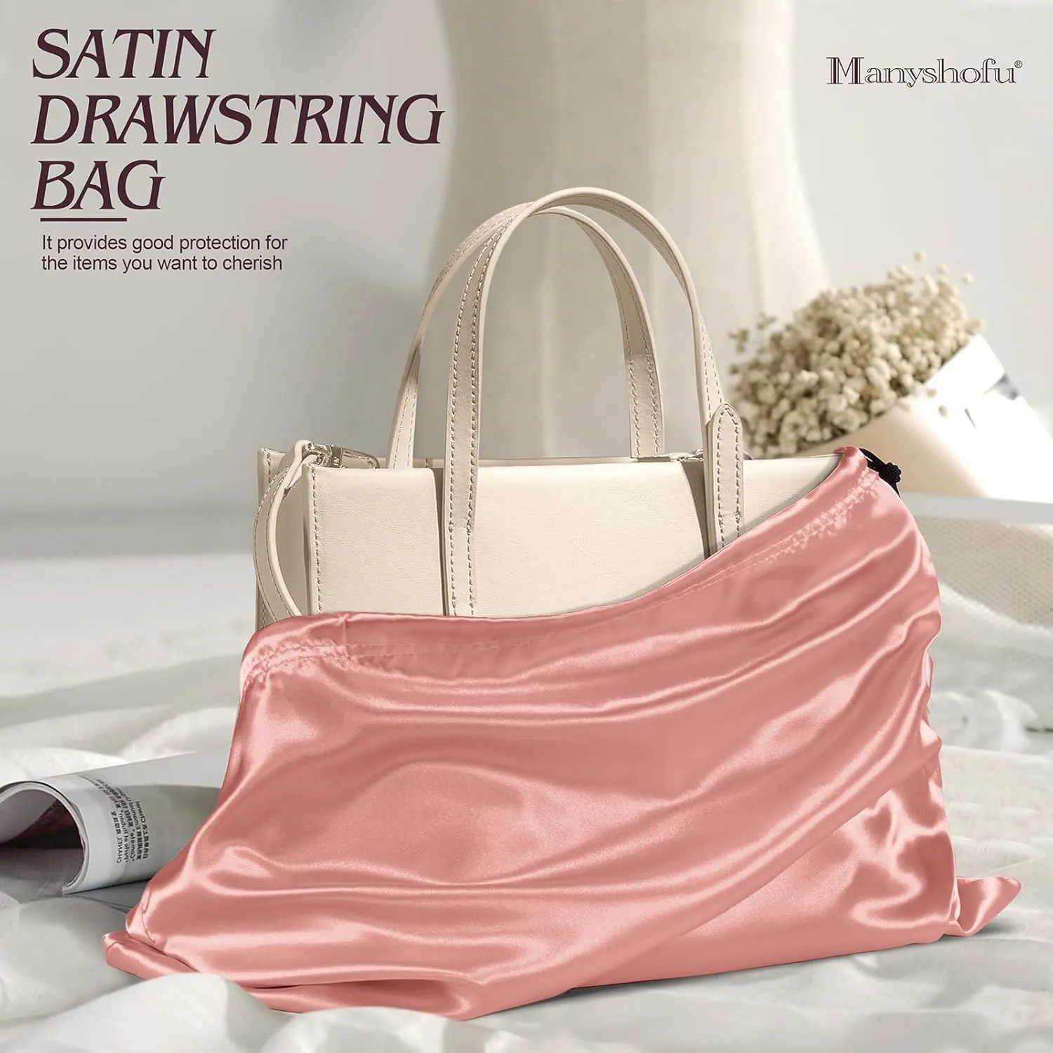 Manyshofu 7 Pack Satin Dust Bags for Handbags Storage, Silky Shoe Bag Rose Gold Drawstring Bags for Shoes & Purses - Silk Dust Cover Bag Dustproof Bags Protector Travel Storage Pouch(19.6 x 15.7)