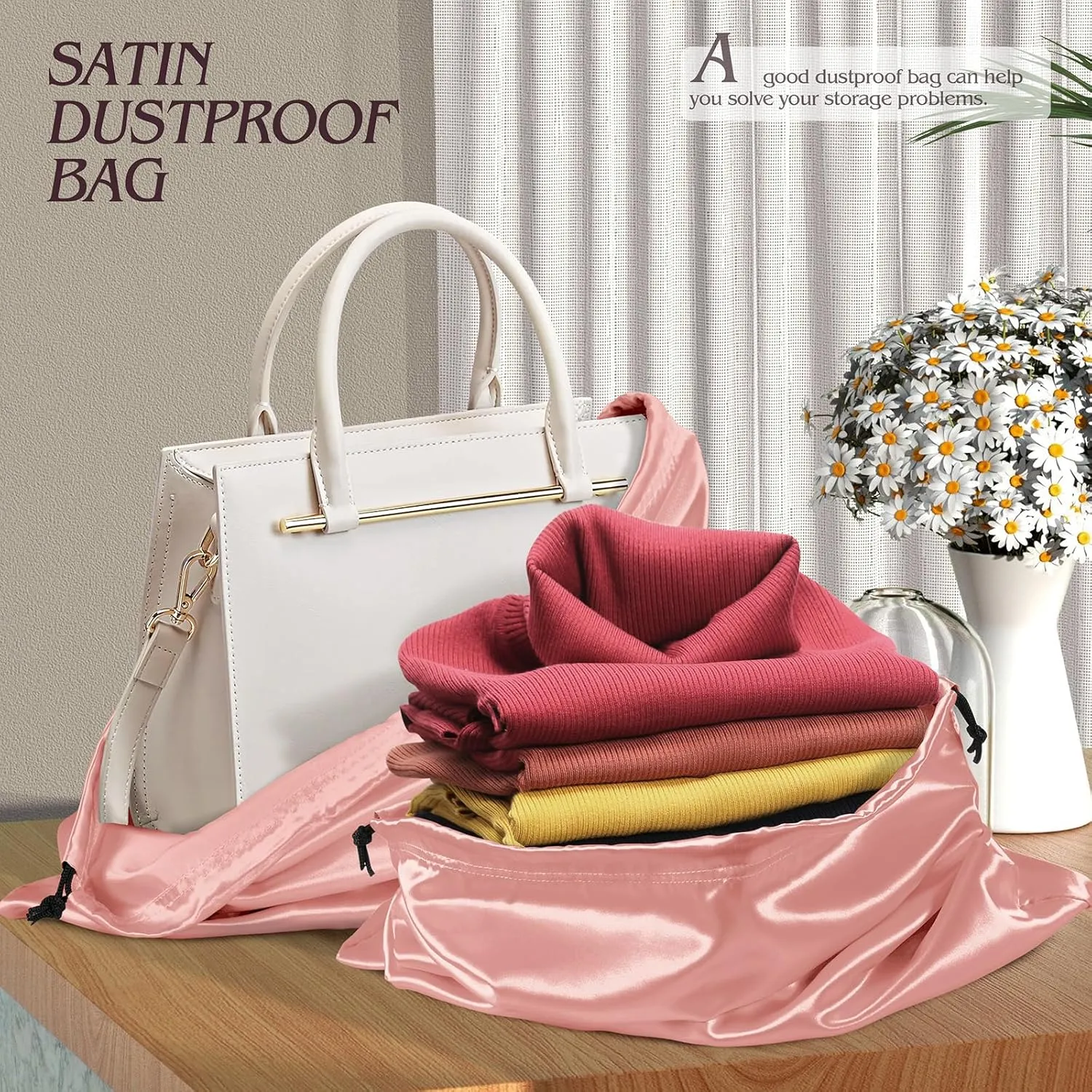 Manyshofu 7 Pack Satin Dust Bags for Handbags Storage, Silky Shoe Bag Rose Gold Drawstring Bags for Shoes & Purses - Silk Dust Cover Bag Dustproof Bags Protector Travel Storage Pouch(19.6 x 15.7)