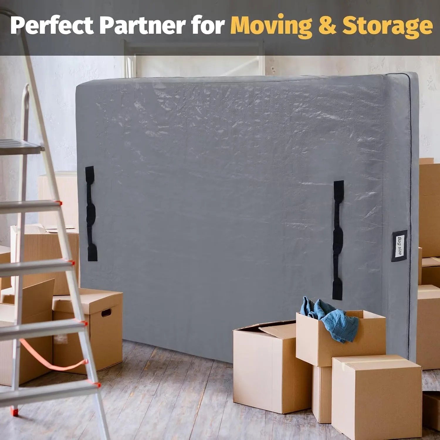 Mattress Bags for Moving and Storage, BETU Full Size Waterproof Mattress Protector Mattress Cover with 8 Heavy Duty Handles and Zipper Extra Thick Moving Supplies for Bed Reusable (77x57x13.5" Grey)
