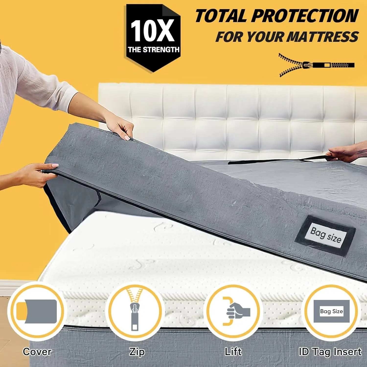 Mattress Bags for Moving and Storage, BETU Full Size Waterproof Mattress Protector Mattress Cover with 8 Heavy Duty Handles and Zipper Extra Thick Moving Supplies for Bed Reusable (77x57x13.5" Grey)