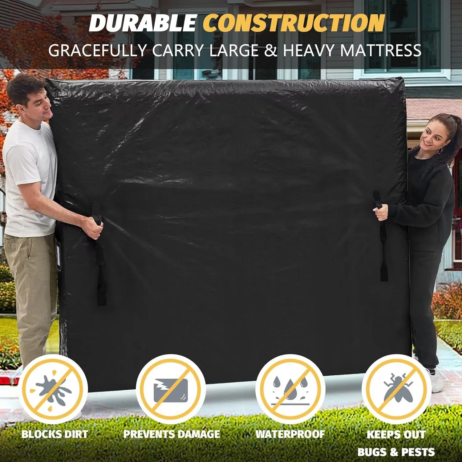 Mattress Bags for Moving and Storage, BETU Queen Mattress Protector Waterproof Mattress Cover with 8 Heavy Duty Handles and Zipper Extra Thick Moving Supplies for Bed (2 Pack:82x62x13.5 Black)